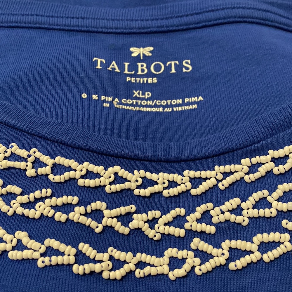 Talbots - Petites - Blue Scoop-Neck Tee/White Beaded Neckline Detail - EUC - XLP - Picture 12 of 14